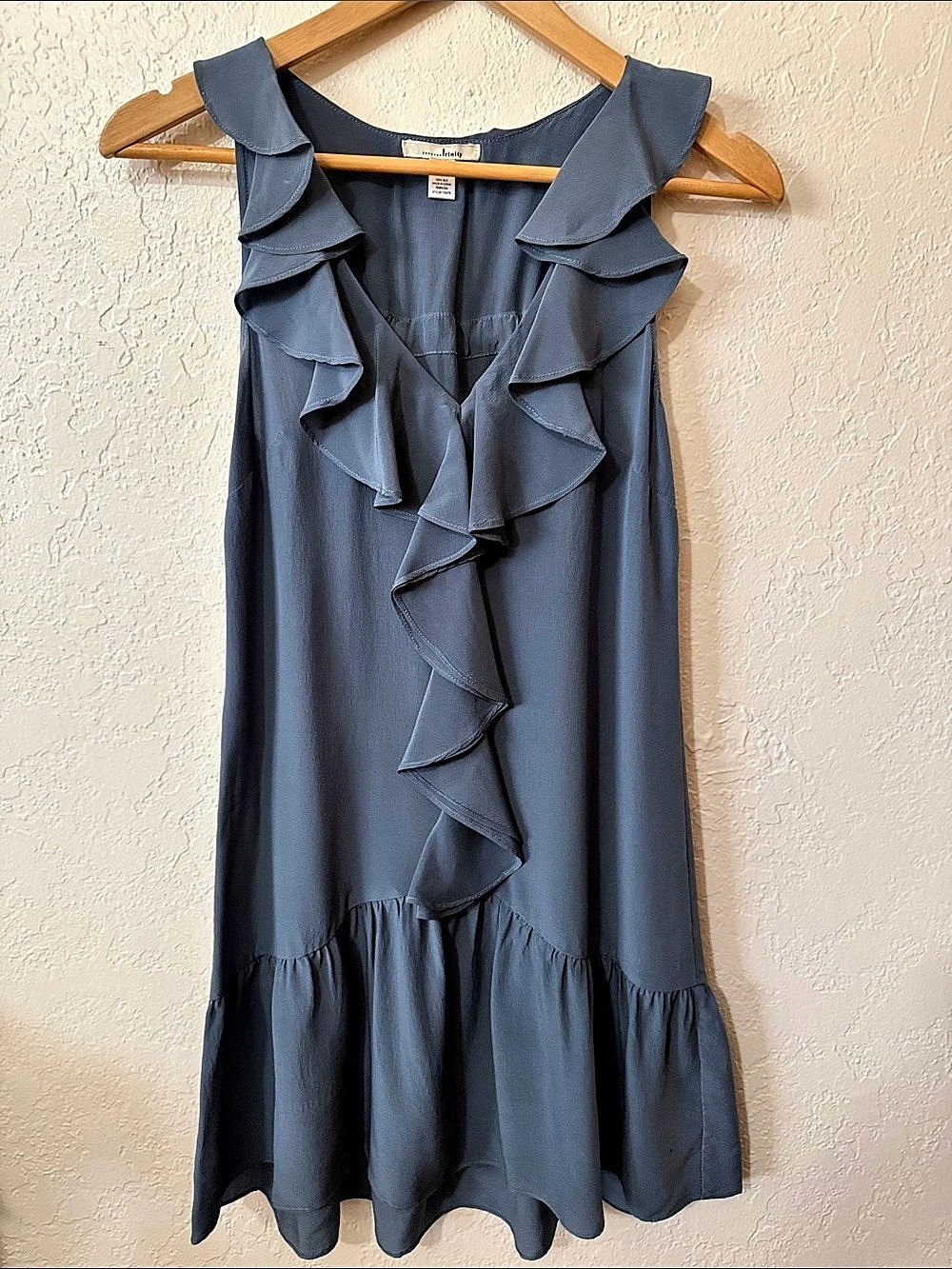 Trinity 100% Silk Sleeveless Mini Dress Cascading Front Ruffle Tie Back Blue S